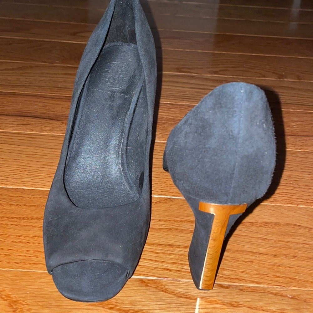 Black suede Tory Burch open toe heels size 6.5